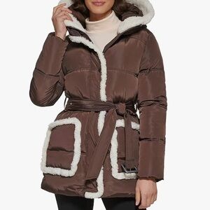 Kenneth Cole Faux Sherpa Trim Hooded Puffer Coat S